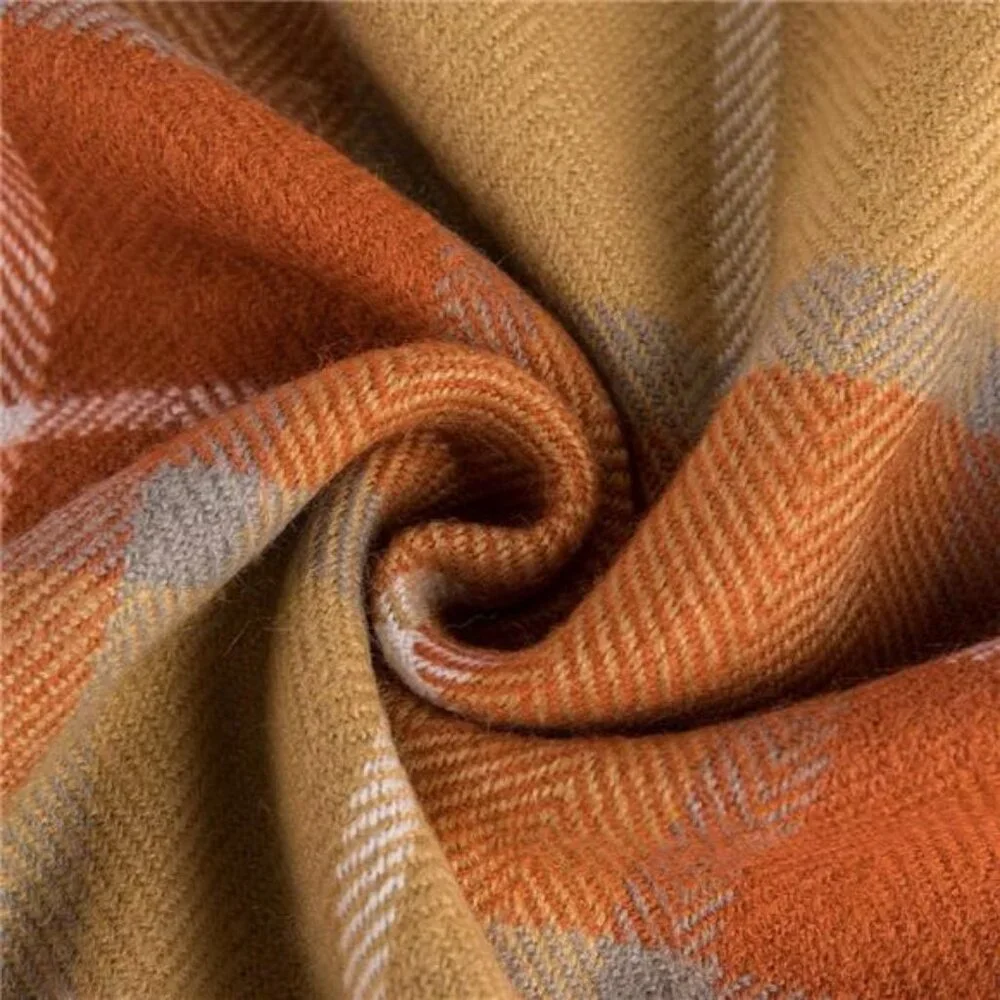 Orange Plaid Blanket Throw Acrylic Soft Reversible Dyed Fringed Bed Blanket Gift